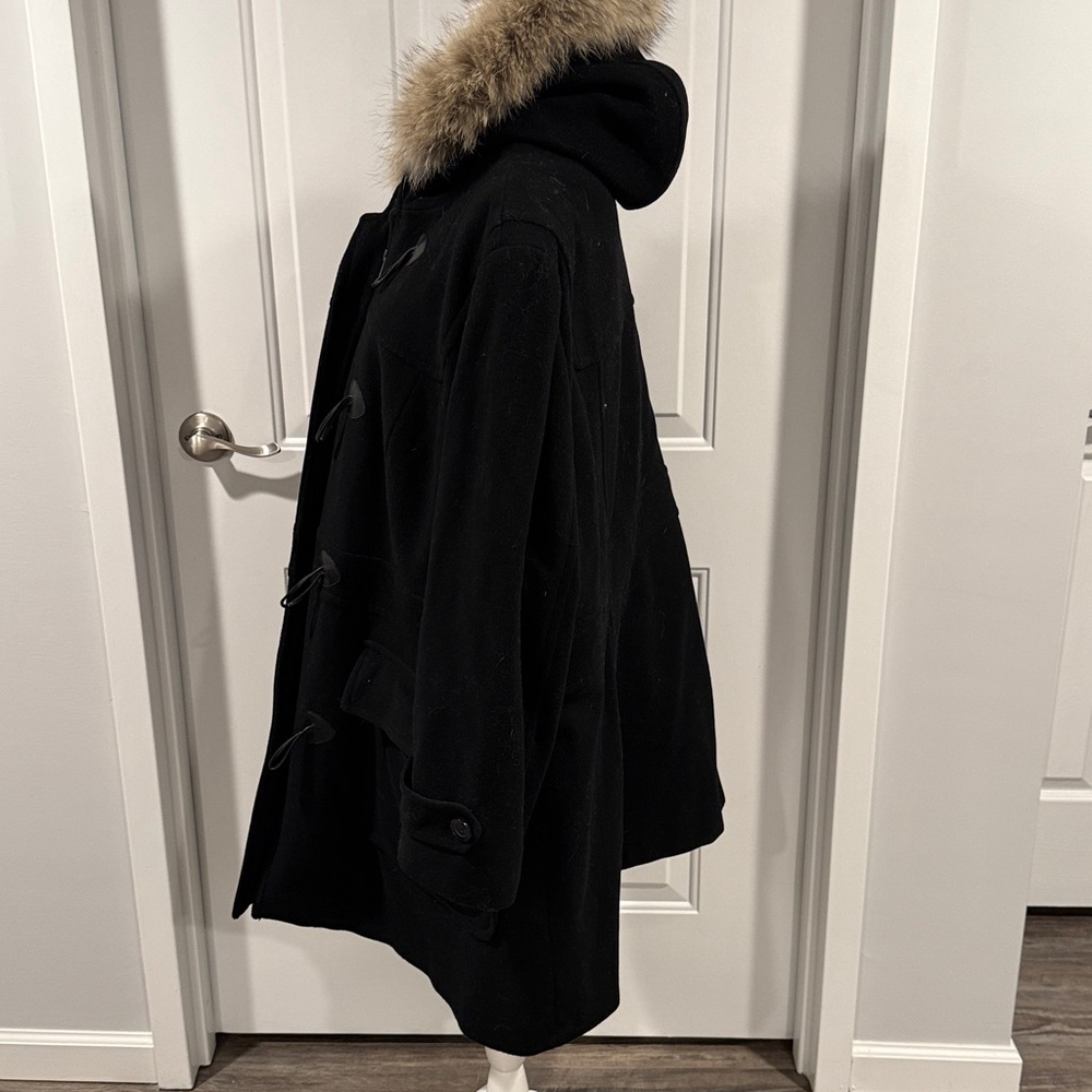 MARC New York Coat Coyote Fur Trimmed Hooded Black Wool Cashmere Coat Size XL - Picture 3 of 12